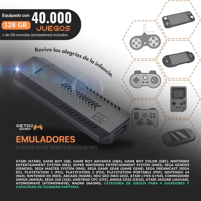 RetroGamer® ULTRA. Para TV Con 40k juegos y 2 mandos recargables. - RetroGamer® México
